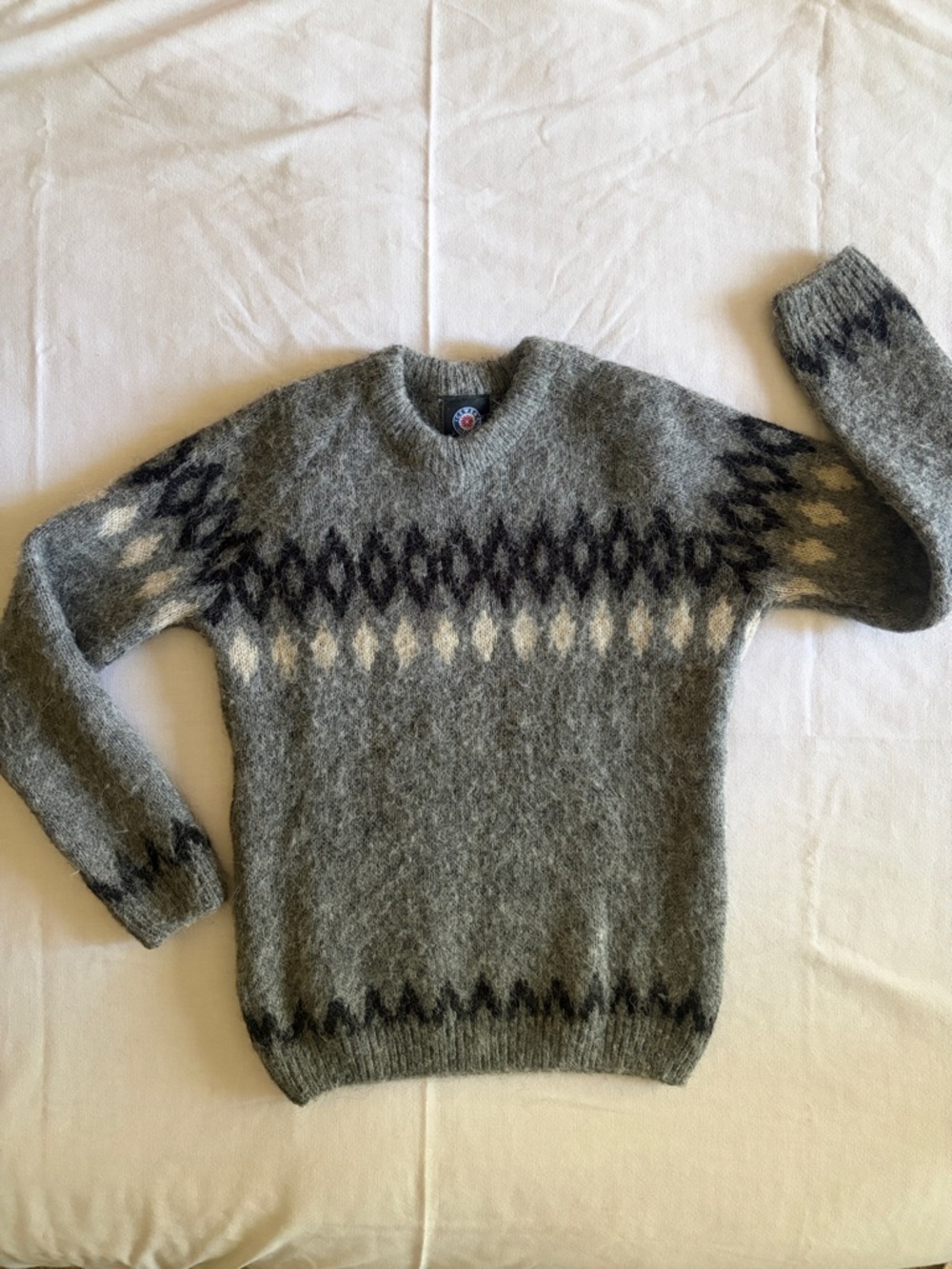 Men's Gray Wool Crewneck Sweater with Nordic Pattern